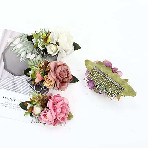 Cınacı 4 Paket Metal Saç Yan Taraklar Slaytlar ile Yapay Büyük Gül Çiçek Çiçek Düğün Gelin Klipler Headpieces Tokalar