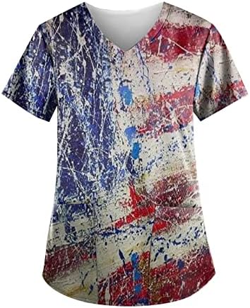 4th Temmuz Tshirt Kadınlar için Amerikan Bayrağı Yaz Kısa Kollu V Boyun Tshirt 2 Cepler Bluzlar Tatil Rahat İş Giysisi