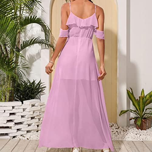 Kadın Yaz uzun elbiseler Zarif Katı Spagetti Kayışı Fırfır V Boyun Kolsuz Maxi Plaj Elbise