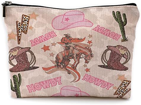 Retro Batı Ülke Cowgirl Leopar Yıldırım Cıvata Makyaj Çantası Seyahat Kozmetik Çantaları Kadınlar Kızlar için, Sıcak