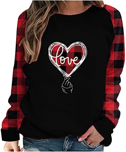 Aşk Kalp Grafik Kadınlar için Tops, kadın Moda Patchwork Sevimli Buffalo Ekose Uzun Kollu Tunik Kazak Bluz Tops