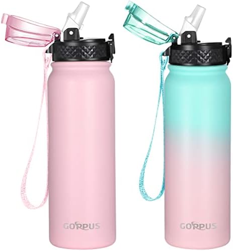 GOPPUS 2 paket 20oz Yalıtımlı Paslanmaz Çelik Su pipetli şişeler Su Şişesi Çıkartmalar Çocuklar için Okul (3 Kapaklı)