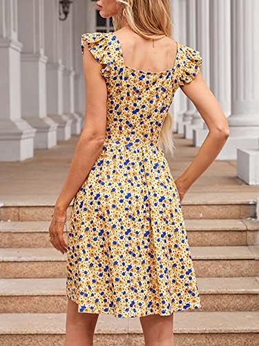 VETİOR Yaz Sundress Kadınlar için 2023 Sevimli Kap Kollu Dökümlü Diz Boyu Bahar çiçekli elbiseler Kadınlar için