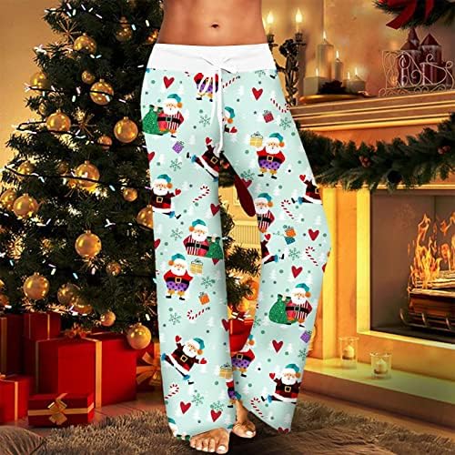 Noel Pijama Pantolon Kadınlar için Orta Bel Çiçek Baskı dinlenme pantolonu Rahat Rahat İpli Uzun Pijama dinlenme pantolonu