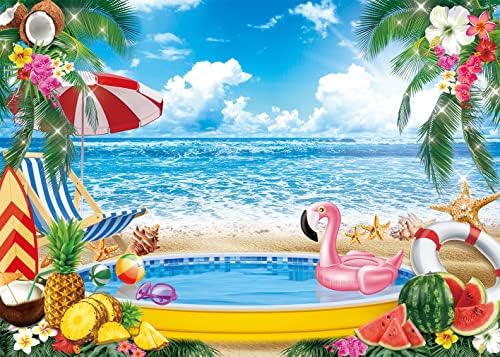 7x5ft Yaz Deniz Havuzu Parti Zemin Hawaii Mavi Gökyüzü Okyanus plaj sandalyesi Arka Plan Tropikal Meyve Palmiye Çiçeği
