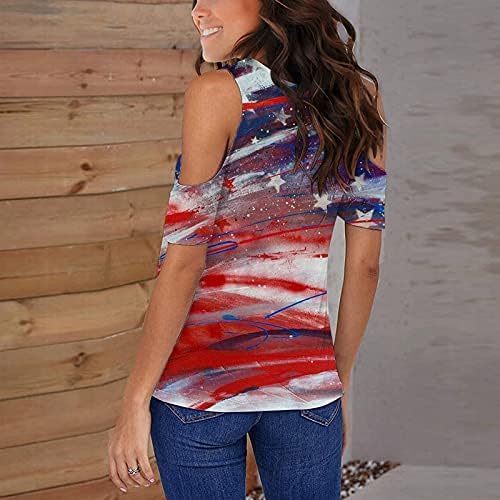 Bayan Yaz Soğuk Omuz Üstleri 3/4 Kollu T Shirt Yıldız Çizgili Baskı T-Shirt Amerikan Bayrağı Kısa Kollu Bluzlar Üst