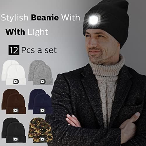 Jeyıour 12 Adet Unisex bere şapka ile ışık LED far şapka 4 LED USB şarj edilebilir kapaklar örme şapka hediye erkekler