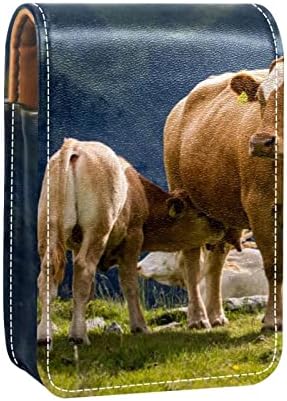 Çanta için ayna ile DIY Mini Ruj kılıfı, Dağlar hayvan inek doğa deri Kozmetik makyaj tutacağı Çanta, Seyahat partisi