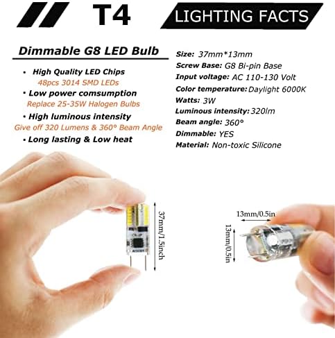 Greeogın G8 LED ampul kısılabilir 3 W, 6000 K gün ışığı, AC 120 V titreşimsiz, 20 W-25 W G8 halojen eşdeğeri, T4 JCD