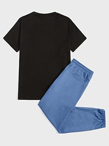 OYOANGLE erkek 2 Parça Kıyafetler Grafik Kısa Kollu Tee Gömlek ve Kargo Pantolon Eşofman Siyah Mavi XXL