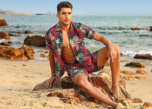 EISHOPEER erkek Çiçek Düğme Aşağı Hawaiian Setleri Rahat Kısa Kollu Gömlek ve Şort Takım Elbise