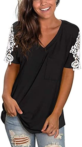 Kadınlar için Üstleri Dantel Tığ Kısa Kollu T Gömlek Yaz V Yaka T-Shirt Gevşek Fit Casual Tee Bluzlar Temel Tunikler
