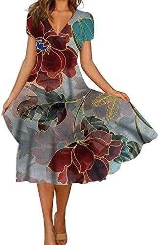 Fudule kadın Yaz çiçekli elbiseler Rahat Kısa Kollu V Boyun askı elbise Rahat Dökümlü Maxi Plaj Elbiseleri Aline Elbise