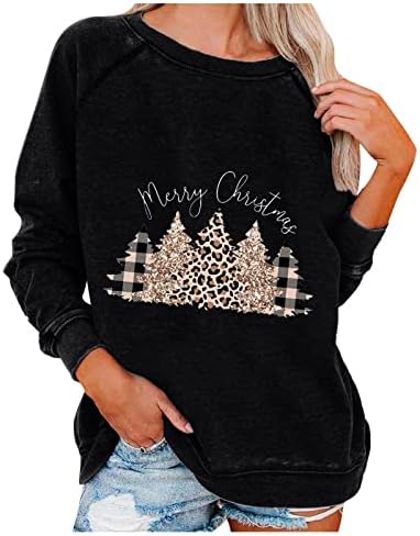 Bayan Casual Tişörtü Tunik Üstleri Noel Ağaçları Kazak Kadın Ekose Leopar Grafik Uzun Kollu Pulllover Tops
