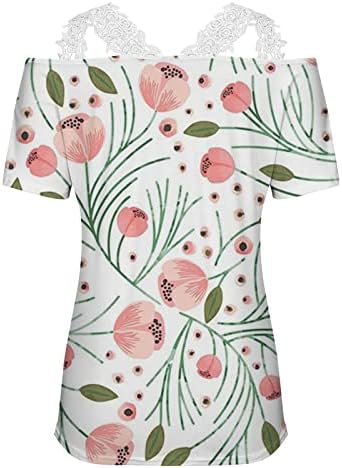 Bluz Gömlek Kızlar Kısa Kollu Çiçek Omuz Soğuk Omuz V Boyun Dantel Pamuk Çiçek Grafik Seksi Patchwork Tee