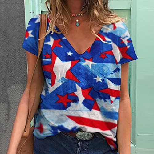Bayanlar Derin V Boyun Gömlek Salonu Üst Kaşkorse Gömlek Kısa Kollu Amerikan Bayrağı Baskı Dupe İnce Tunik Gömlek