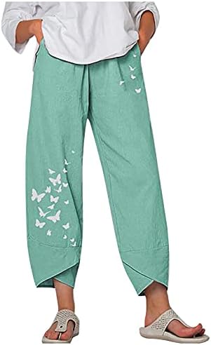 Kapri pantolonlar Kadınlar için Pamuk Keten Geniş Bacak Kapriler Yaz Kelebek Çiçek Baskı Plaj Elastik Bel Baggy Kırpılmış