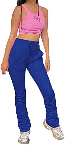 Kadın Yoga cepli pantolon Artı Boyutu Geniş Bacak Pantolon Seksi Yığılmış Tayt Dantelli Bölünmüş Hem Y2K Flare Pantolon