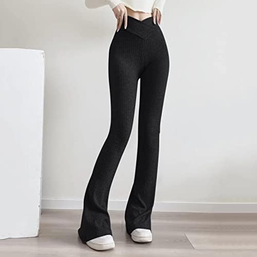 Kadınlar Casual Flare Pantolon Yüksek Bel Nervürlü Düz Renk Bootleg Yoga Pantolon Crossover Slim Fit Streç Egzersiz