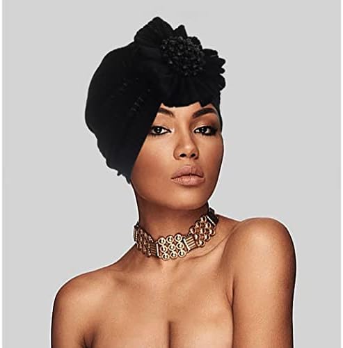 Urıeo Kadın Türban Çiçek Kapaklar Düğüm Ön kravat Bere Başkanı Wrap Siyah Headwrap Şapka