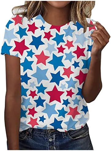 Bayan Yaz Üstleri 2023 Rahat Şık 4th Temmuz Gömlek Kısa Kollu Crewneck T Shirt Amerikan Bayrağı Grafik Gevşek Sevimli