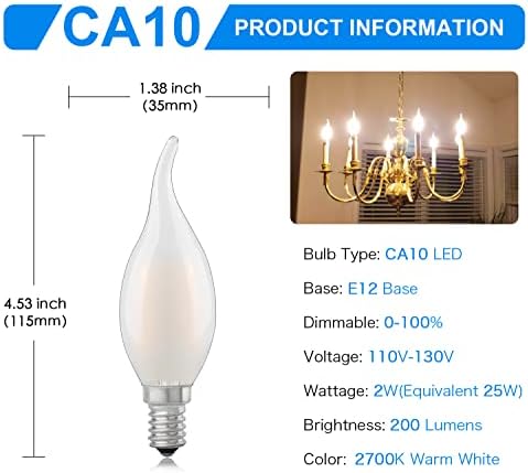 CA10 Şamdan E12 LED Ampul, 2 W 2700 K Yumuşak Sıcak, alev Ucu Şekli, kısılabilir C35 LED Filament ampuller 25 W Eşdeğer,