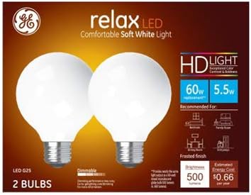 GE Relax LED küre ampul, 5,5 Watt (60 Watt Eşdeğeri) Yumuşak Beyaz HD ışık, Buzlu kaplama, Orta Taban, Kısılabilir