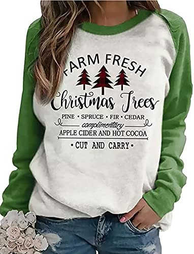 Çiftlik Taze Noel Ağaçları Uzun Kollu Kazak Gömlek Kadınlar için Merry Christmas Ekleme Ekose Raglan Kazak Gömlek