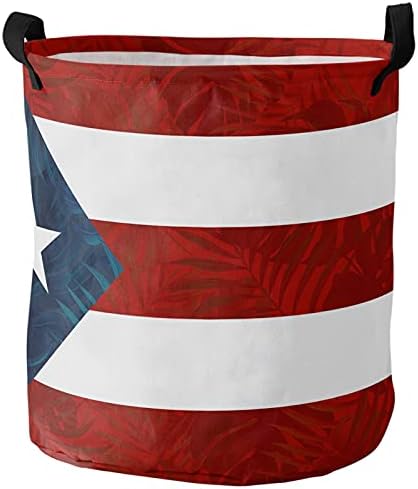Çamaşır Sepeti Porto Riko Bayrağı 4 Temmuz Kulplu Büyük Katlanabilir Eşya Kutuları Yıldız Palmiye Yaprağı Kırmızı