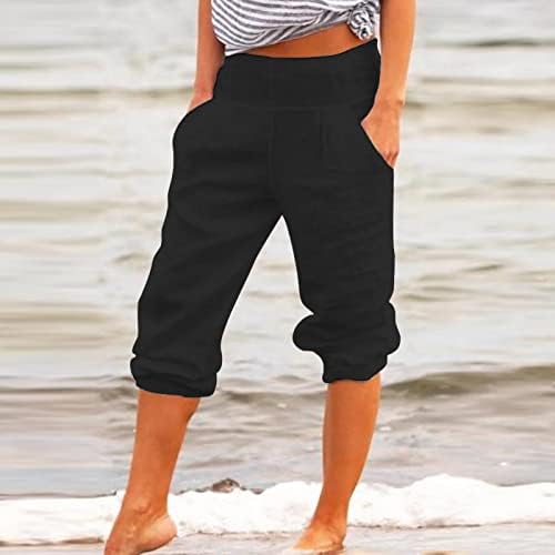 CHGBMOK kadın Keten Kırpılmış Pantolon Yüksek Belli Geniş Bacak Joggers Rahat Gevşek Palazzo Pantolon Cepler ile